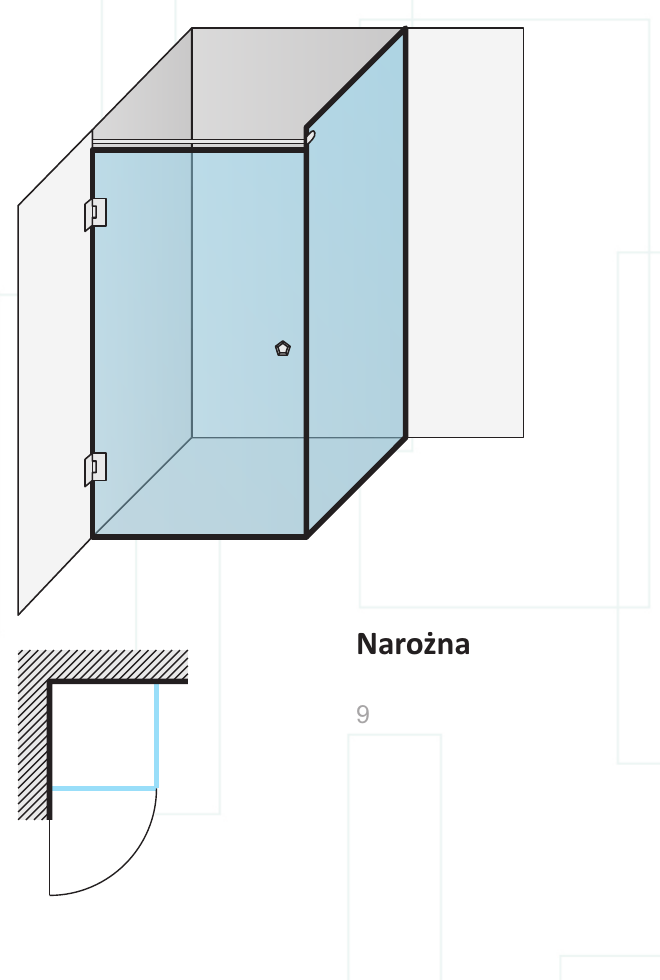 Kabina prysznicowa Narożna, układ nr 9 — widok i rzut z góry, Szkło-Tech Kielce